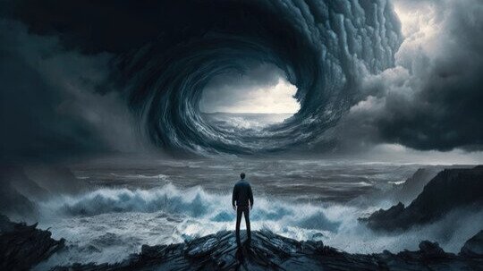 O persoană privind cu calm spre furtuna simbolizând gestionarea fricii emoționale prin dezvoltare personală